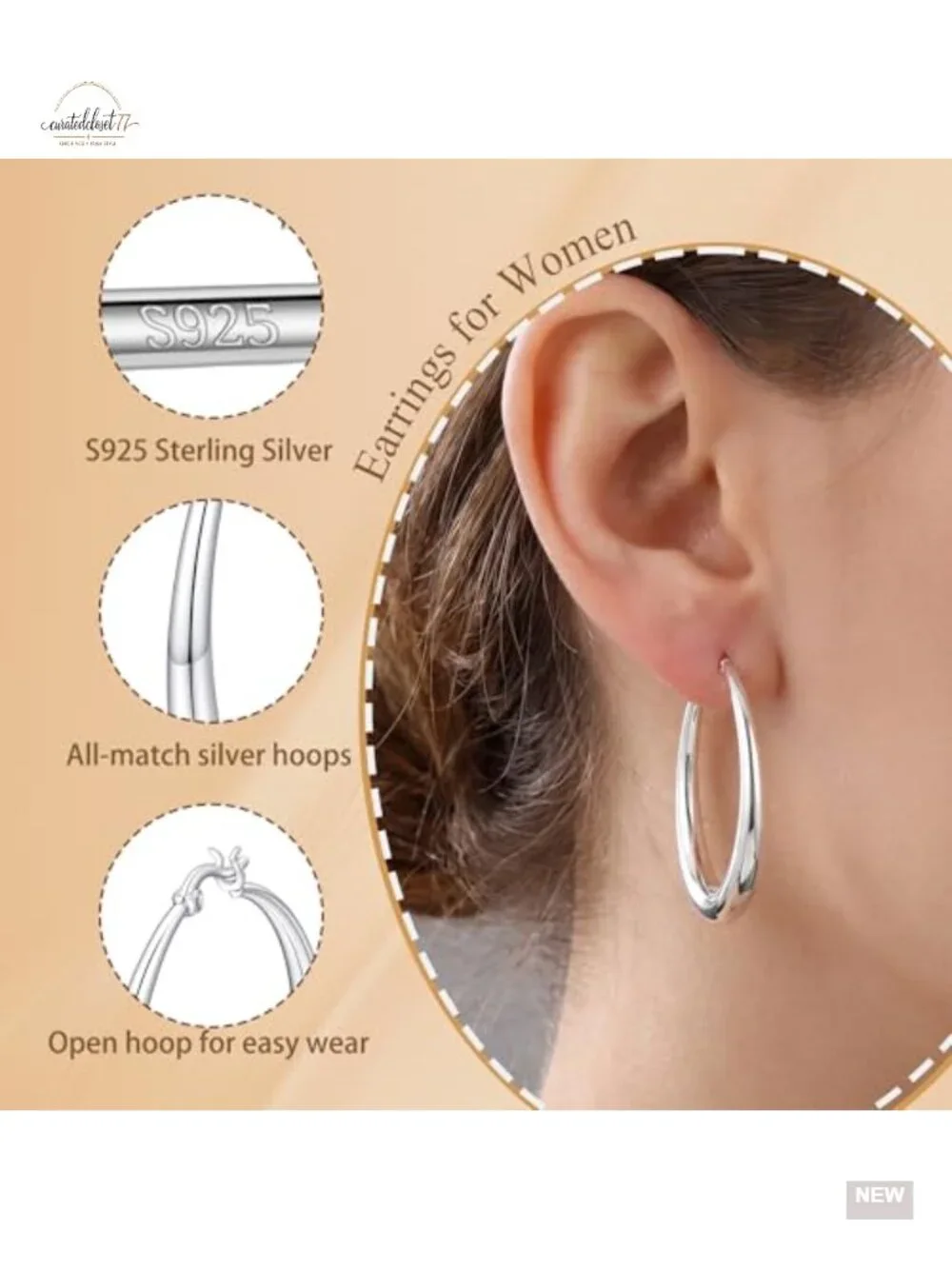 S925 Sterling Silver Chunky Large Hoop Earrings Hypoallergenic Lightweight